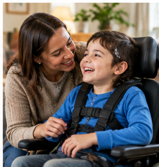 A woman and a child in a wheelchair smiling together at home
