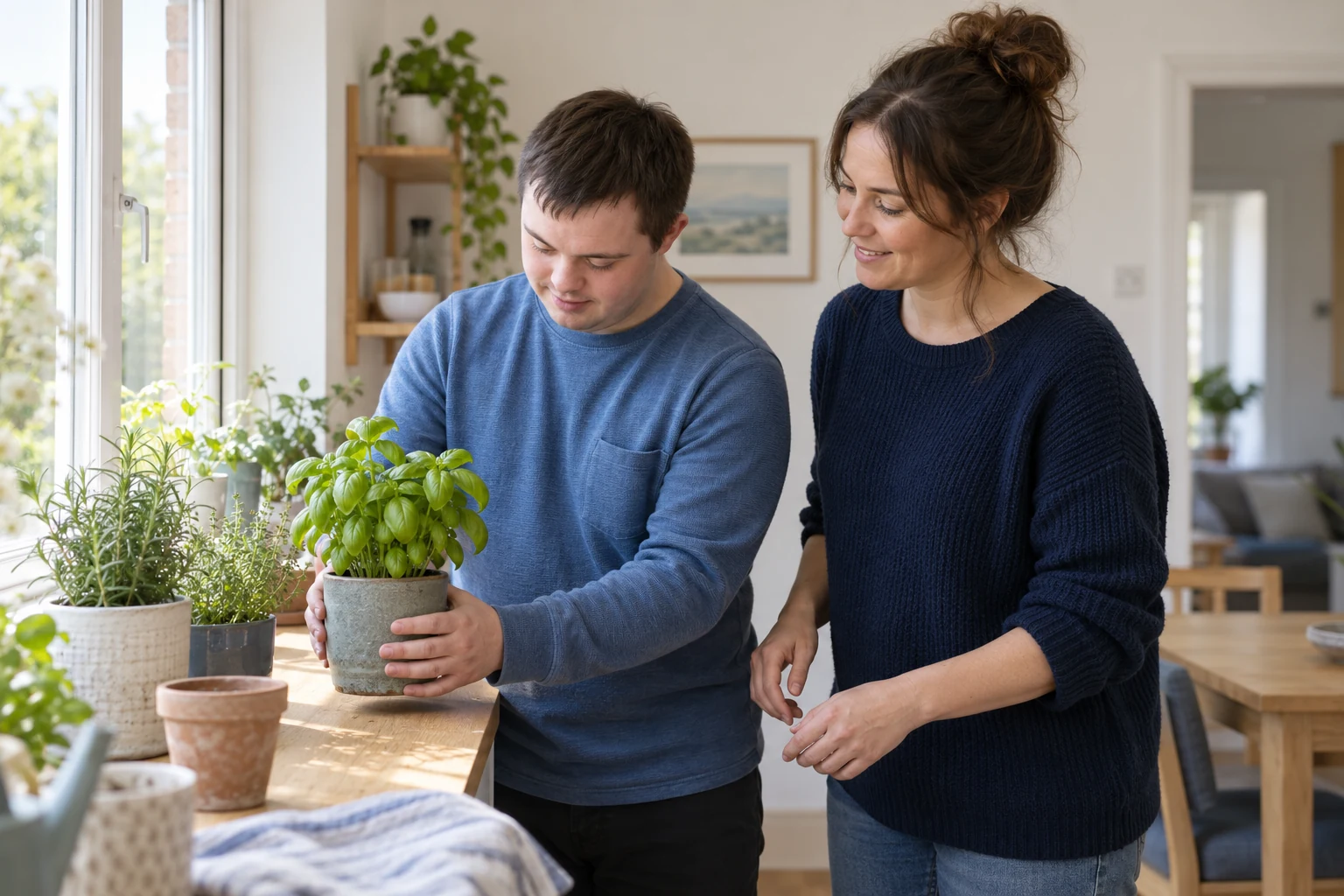 AI-generated illustrative scene of two adults tending herbs in a calm home