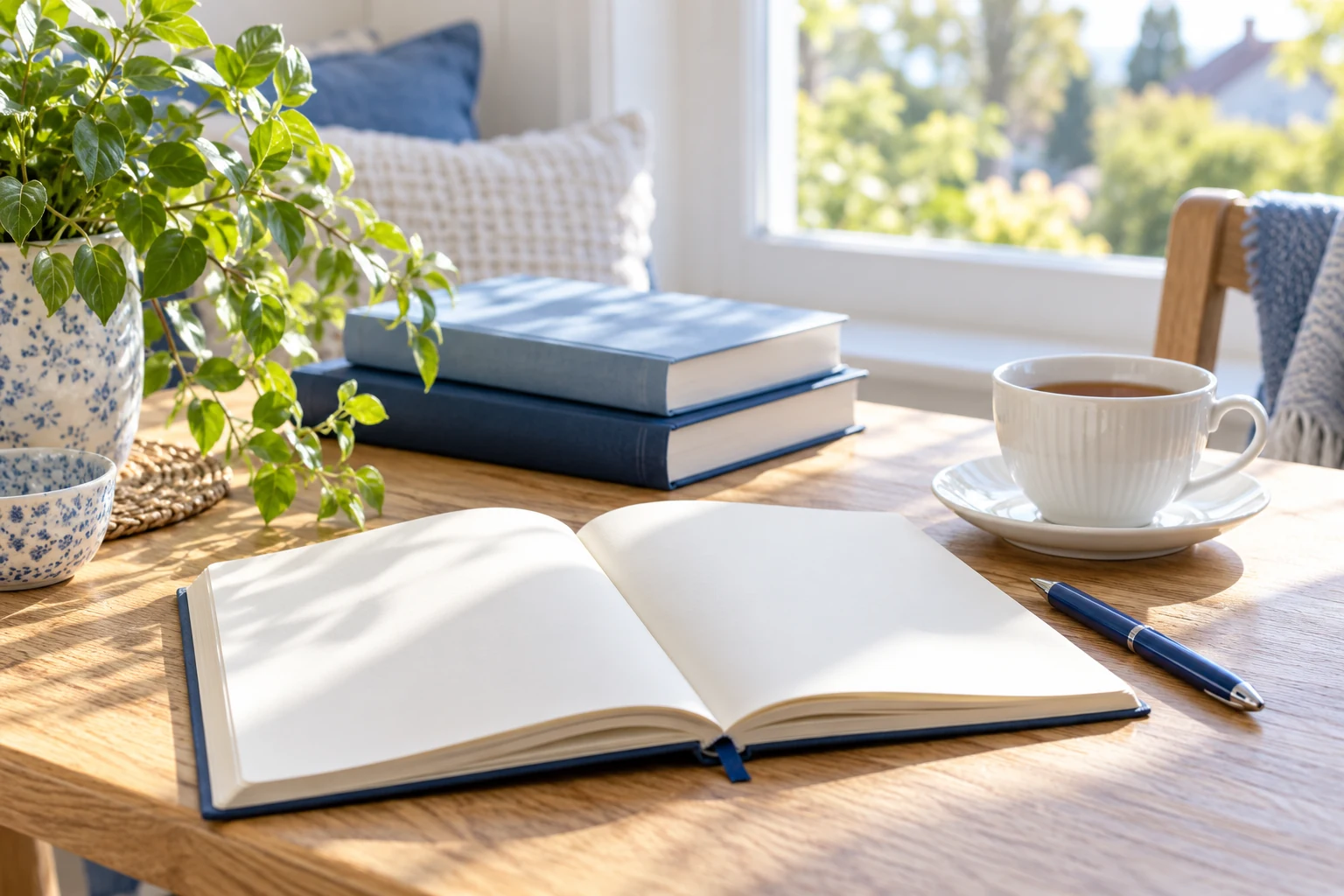 AI-generated illustrative reading corner with notebook and blue books