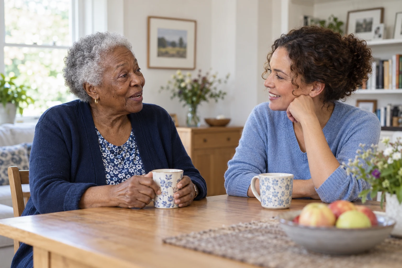 AI-generated illustrative scene of an older woman and a companion talking at home