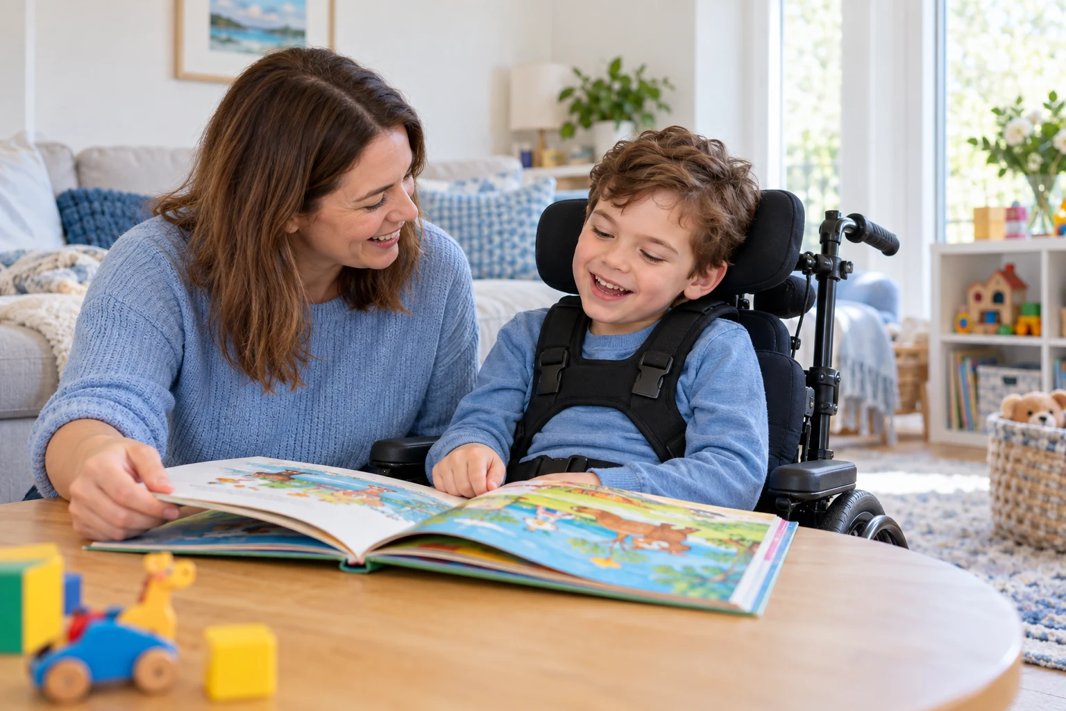 AI-generated illustrative scene of a mother and child in a supportive wheelchair enjoying a picture book