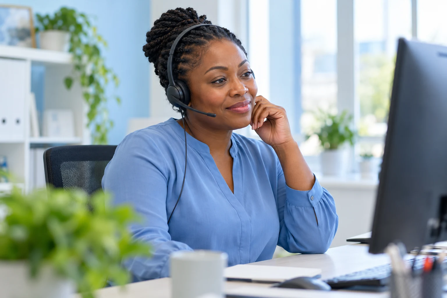 AI-generated illustrative care coordinator listening on a headset