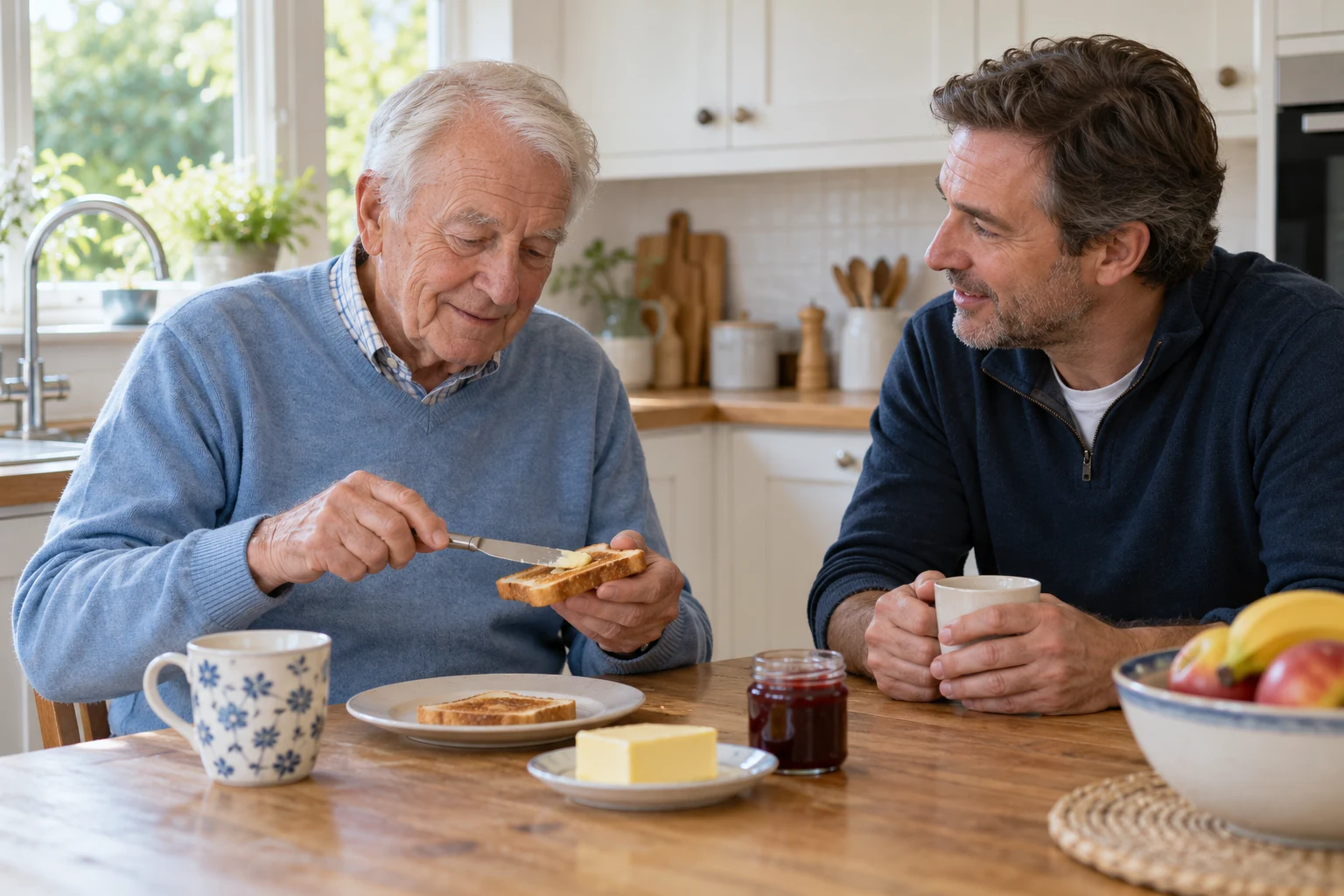 AI-generated illustrative scene of an older man preparing toast with a companion nearby