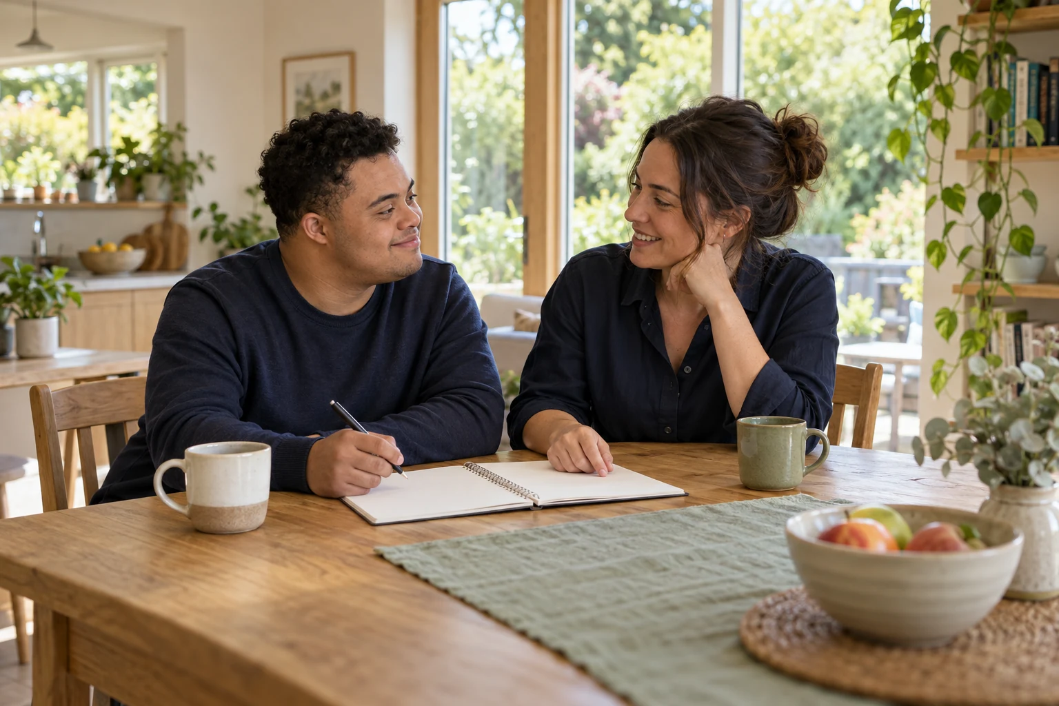 AI-generated illustration of two adults planning the day together at home