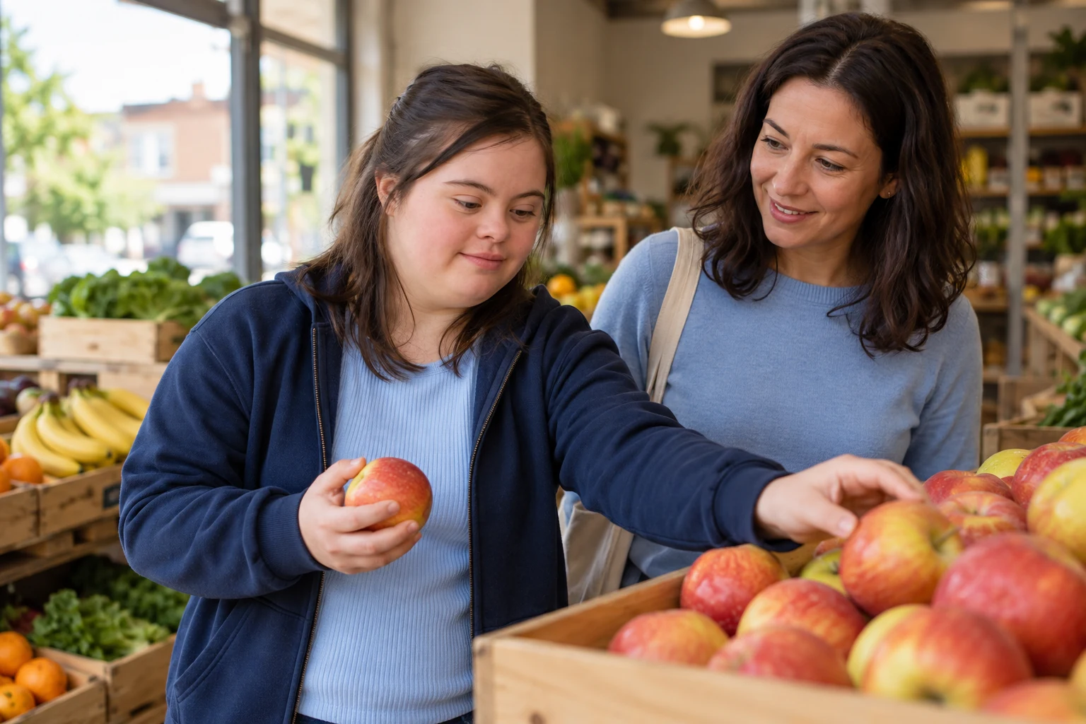 AI-generated illustrative scene of two women choosing apples at a local shop