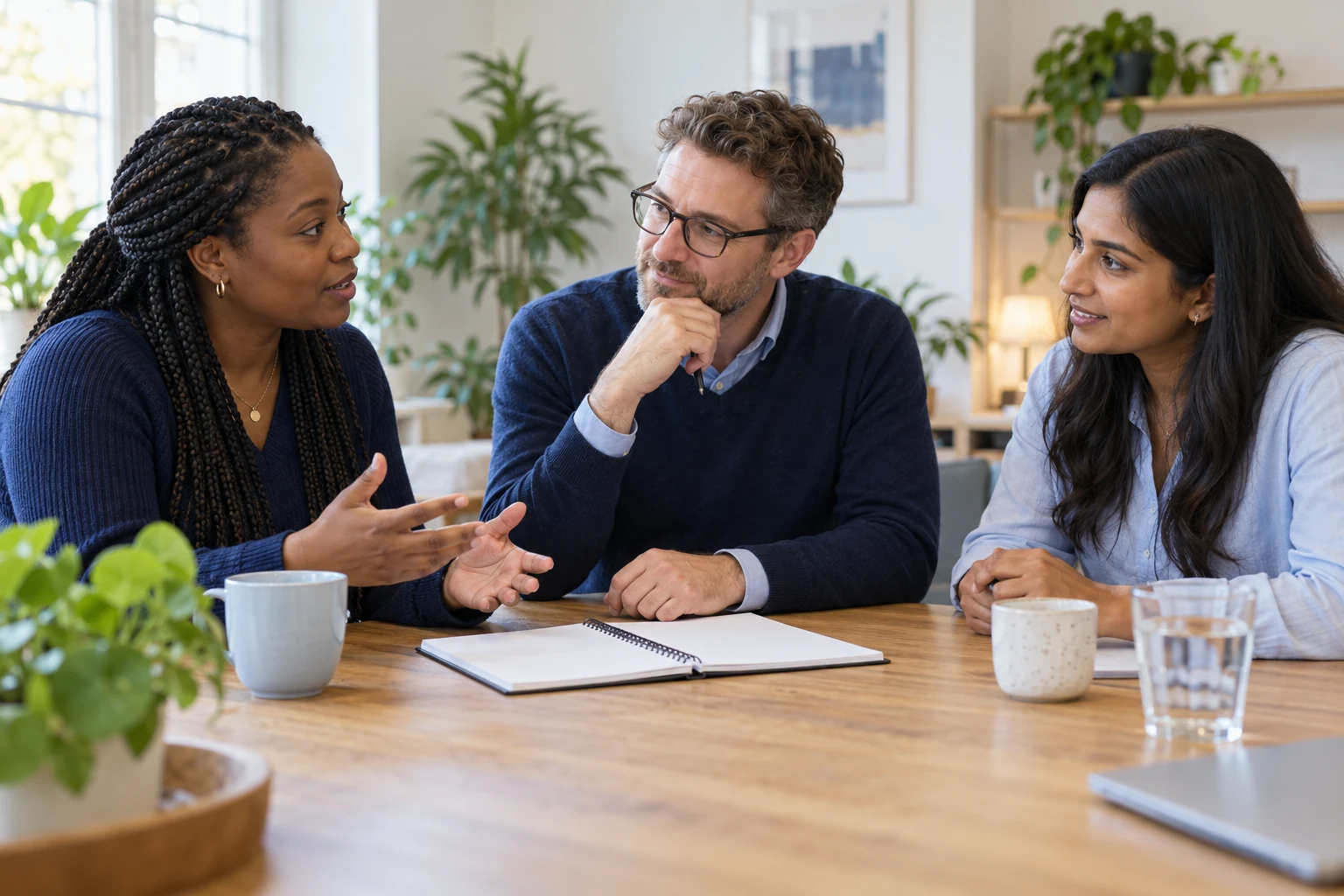 AI-generated illustrative scene of three professionals discussing a support plan