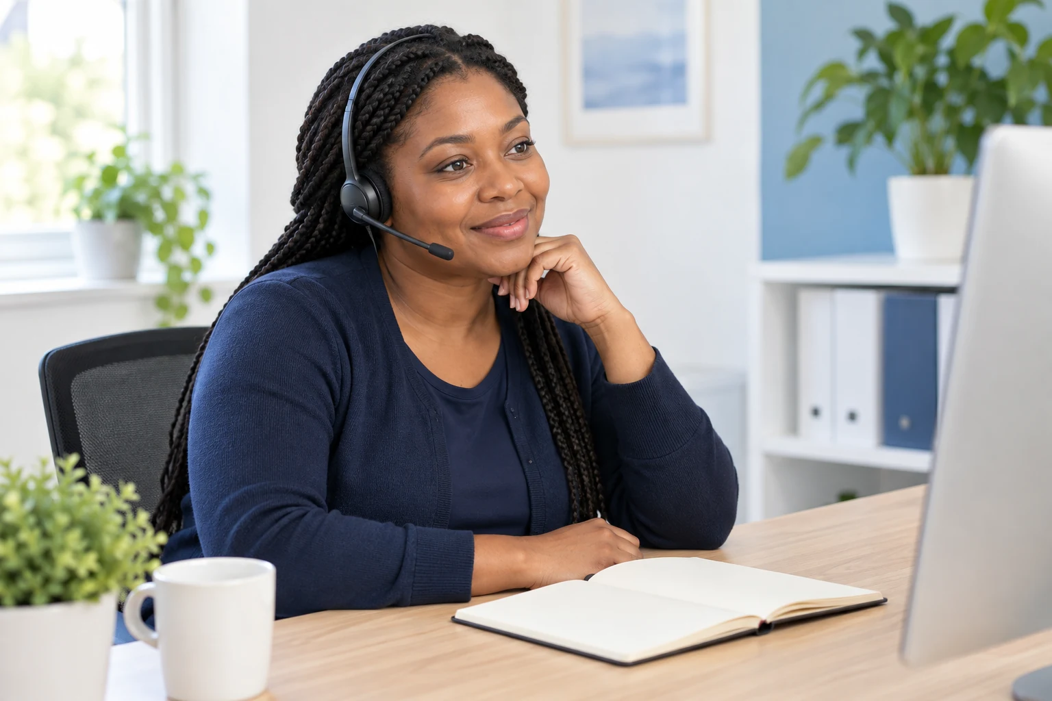 AI-generated illustrative scene of a care coordinator listening on a telephone headset