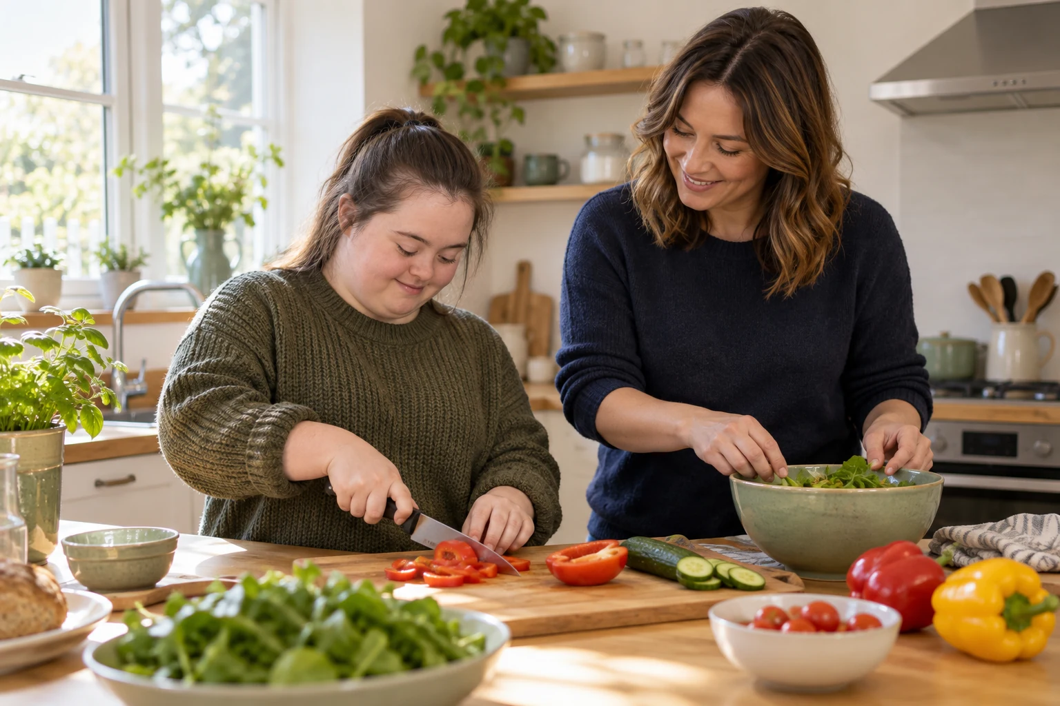 AI-generated illustration of two women preparing lunch together in a kitchen