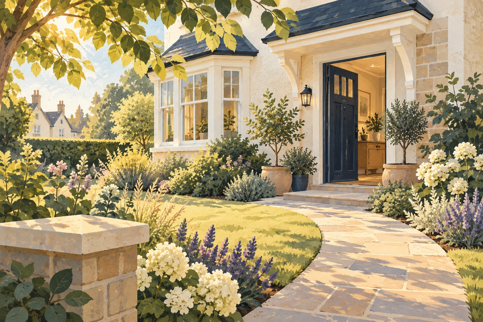 Concept illustration of a welcoming home and garden; not the Bedford property