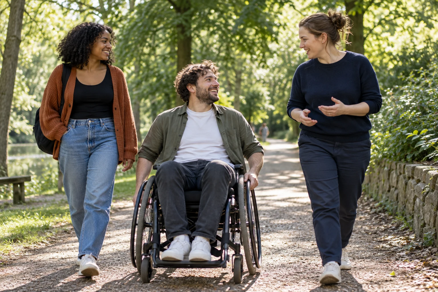 AI-generated illustration of three adults, including a wheelchair user, talking in a park